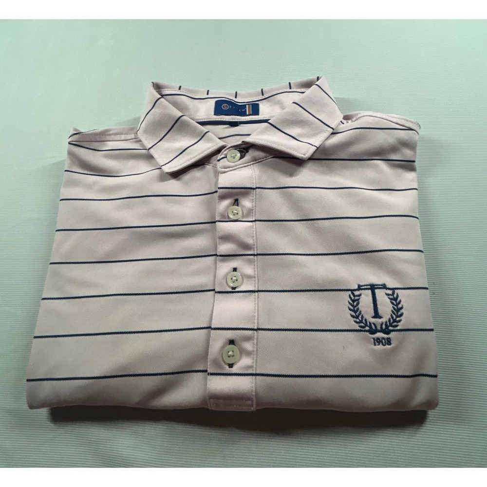 Stitch Golf Mens Polo Shirt Medium Pink Navy Striped Performance 1908 Crest Logo